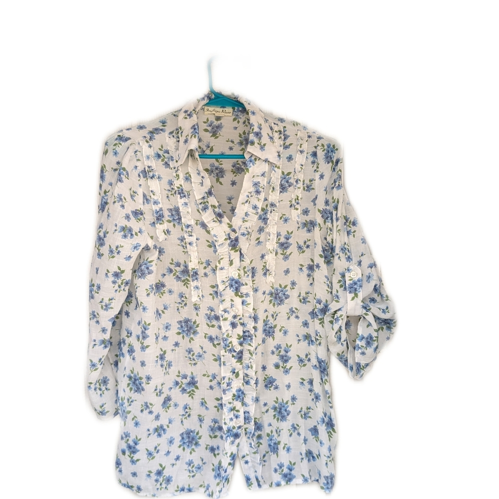 Indigo Rose Button Up Blouse White Blue Roses Size M
